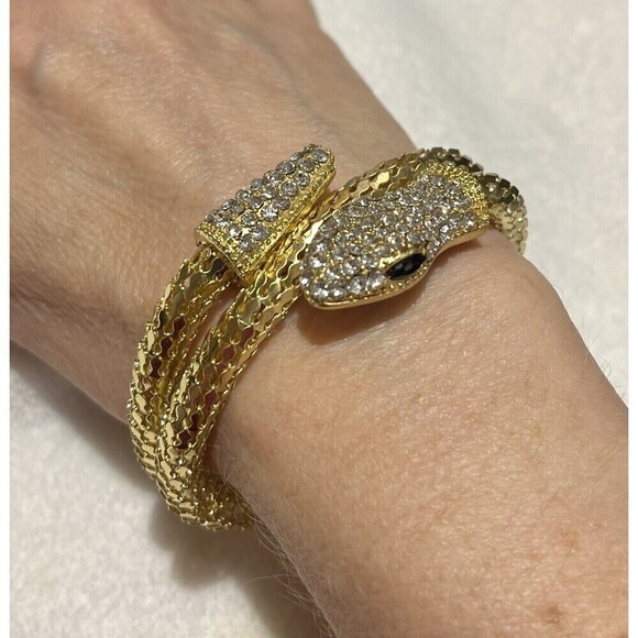 Mesh Rhinestone Snake Coil Wrap Gold Tone Bracelet Womens Designer Whimsy Goth - Picture 4 of 7